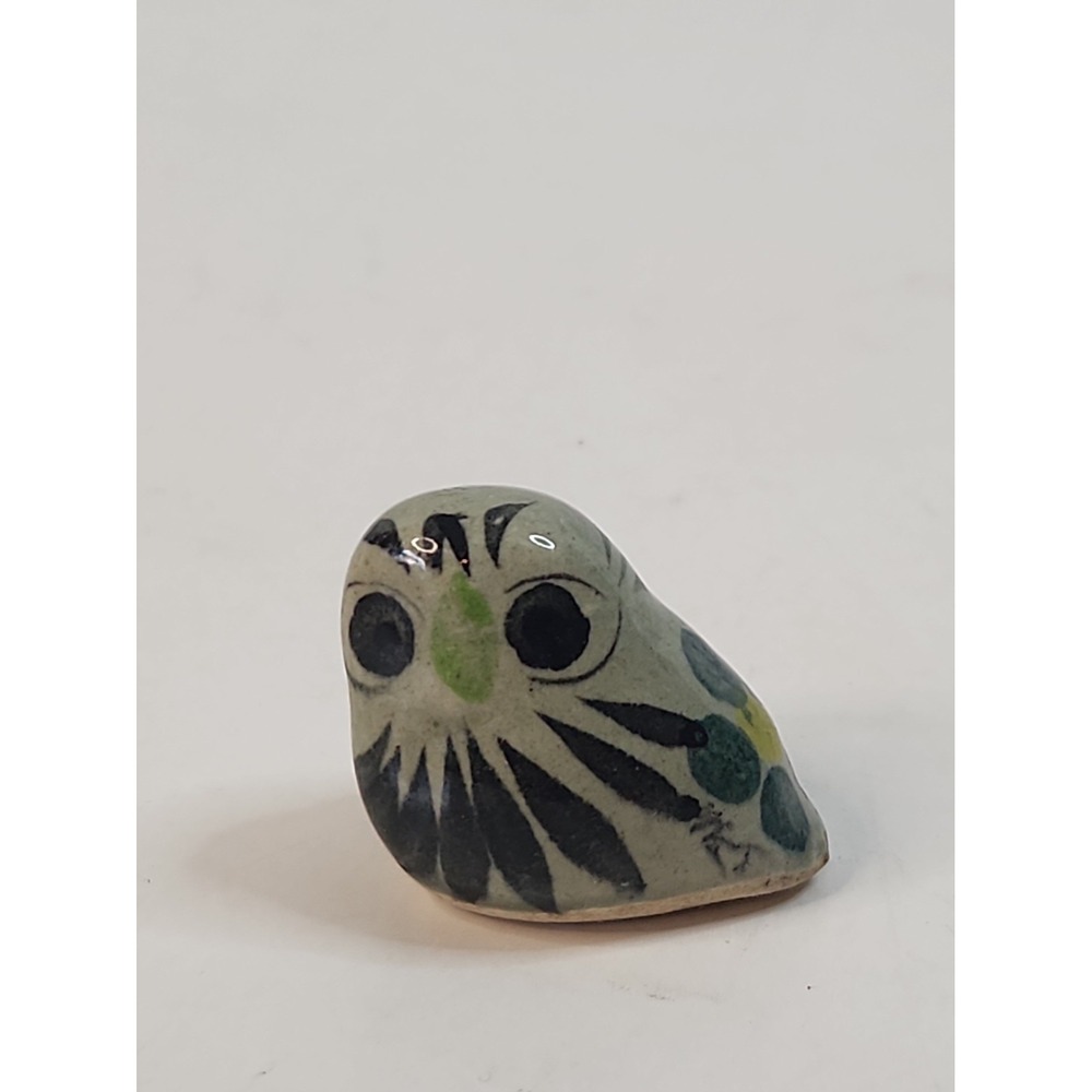 Vintage Tonala Mexican Folk Art Pottery Owl Figurine Signed Miniature 1.25"